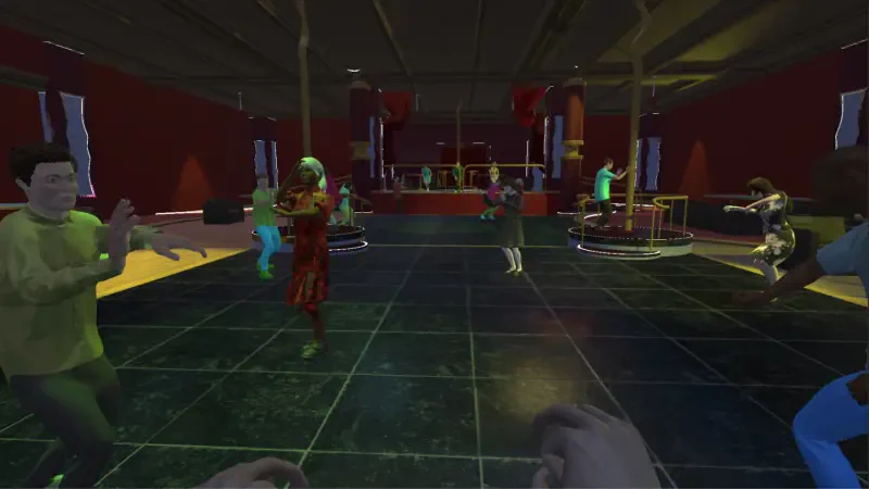 A lively scene from the Casino Simulator 2024 shows vibrant characters interacting within a bustling casino setting, highlighting animated gameplay and immersive environments.