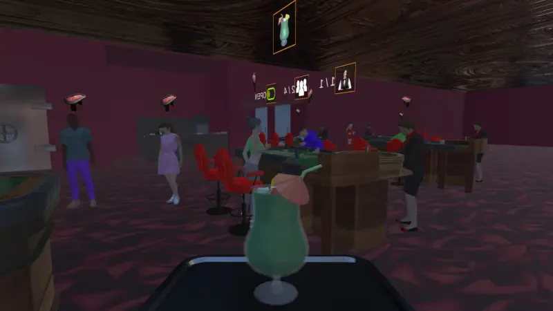A virtual casino scene from Casino Simulator 2024 featuring patrons at gaming tables and a bar with colorful drinks, all set in a vibrant and engaging environment.