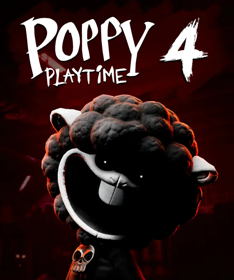 A character from the video game Poppy Playtime: Chapter 4 appears with a dark, fluffy head and a menacing smile, set against a red background.