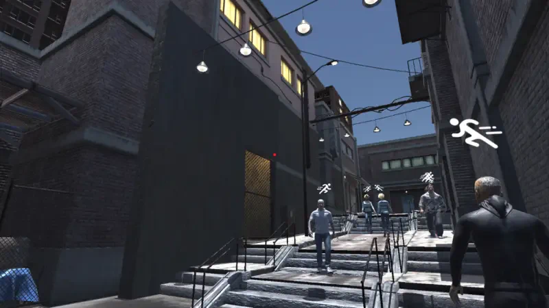 A scene from Casino Simulator 2024, featuring a bustling urban street with people walking up stairs, illuminated by string lights against a nighttime backdrop.