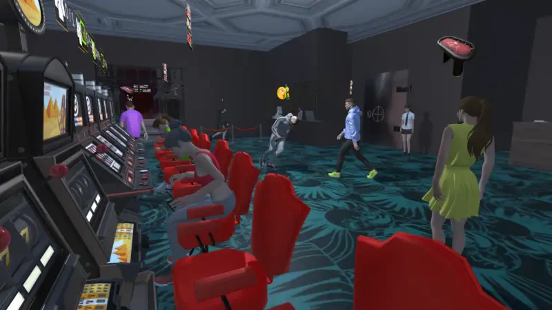 A vibrant scene from Casino Simulator 2024, featuring players at red slot machines and exploring a modern casino environment.