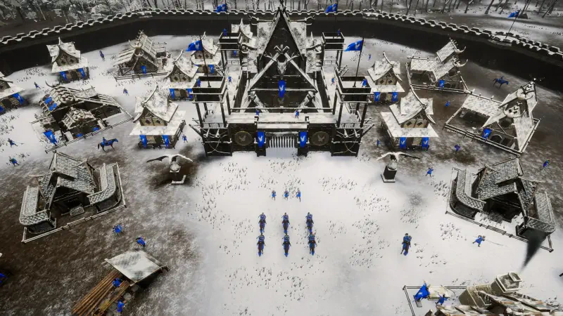 A snowy landscape featuring a fortified village with medieval structures and blue banners, depicting a scene from the video game Eyes of War.