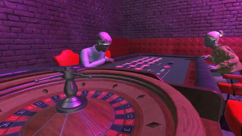A virtual scene from Casino Simulator 2024, featuring a roulette table and two players engaged in gameplay, set against a vibrant, purple-lit background with brick walls.