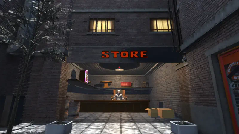 A virtual storefront in Casino Simulator 2024, featuring a prominent STORE sign and a character inside, set in a dimly lit urban environment.
