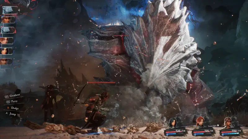 A scene from the video game Clair Obscur: Expedition 33, featuring characters battling a colossal creature amidst an explosive environment. Action-packed and visually striking.
