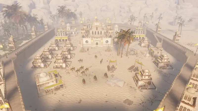 Aerial view of a sandy landscape features intricate buildings and palm trees, set in the world of the video game Eyes of War, evoking an atmosphere of strategy and exploration.