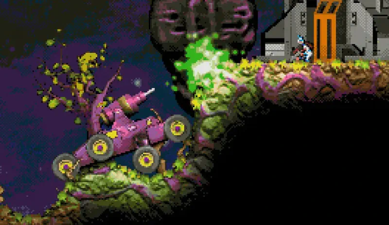 A vibrant scene from the video game Moons of Darsalon, featuring a pink vehicle navigating a colorful alien landscape amid glowing green ooze and a mysterious structure.