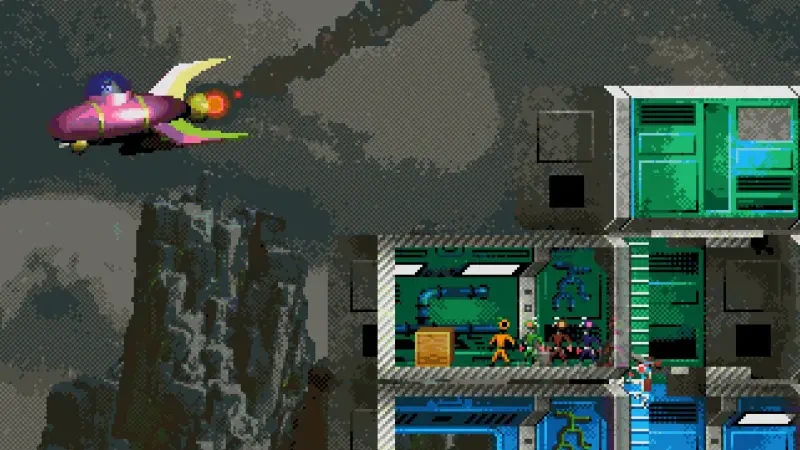 A vibrant scene from the video game Moons of Darsalon features a sleek spacecraft soaring above a complex structure, set against a dramatic, rocky backdrop.
