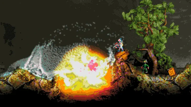 A dynamic scene from the video game Moons of Darsalon, featuring characters engaging in an explosive encounter amid a rocky landscape and a tree in the background.