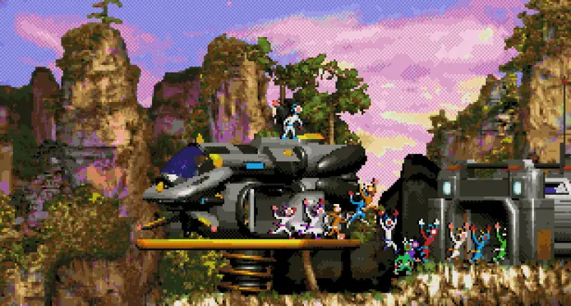 A vibrant scene from the video game Moons of Darsalon, featuring a futuristic spaceship and colorful characters set against a stunning landscape and pastel sky.