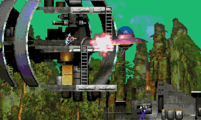 A vibrant scene from the video game Moons of Darsalon, showcasing a character battling against a sci-fi backdrop with futuristic structures and vibrant greenery.