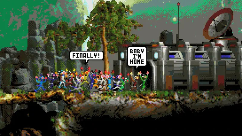 A colorful group of characters celebrates near a futuristic structure in the video game Moons of Darsalon, with speech bubbles expressing excitement and homecoming.
