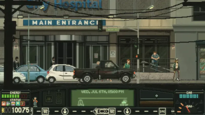 A scene from the video game Keep Driving, featuring a city street with a hospital backdrop, vehicles, and pedestrians interacting near the entrance.