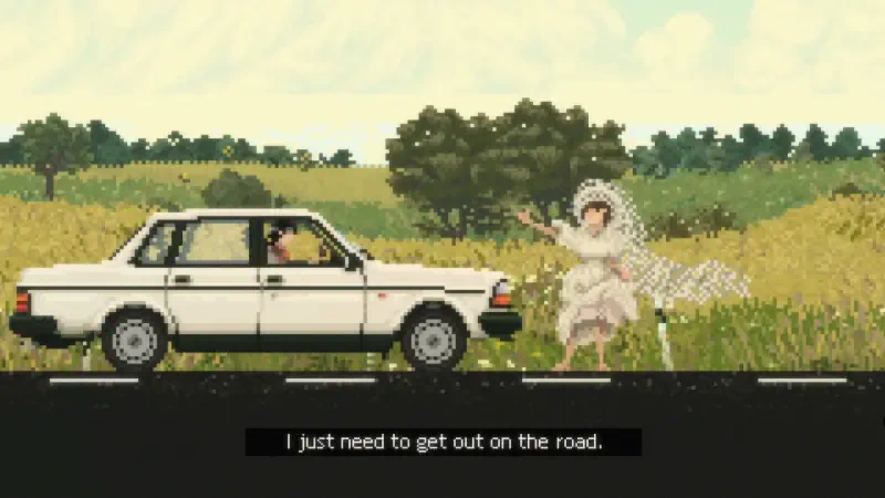 A pixel art scene from the video game Keep Driving, featuring a car on a road beside a figure in wedding attire, expressing urgency to leave.
