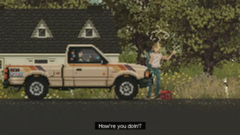 A scene from the video game Keep Driving, featuring a character next to a beige pickup truck, greeting passersby while surrounded by lush greenery and a rustic house in the background.