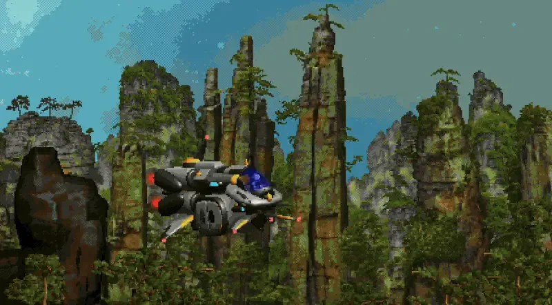 A spacecraft glides through a lush, alien landscape filled with towering rock formations and greenery, showcasing the vibrant world of the video game Moons of Darsalon.