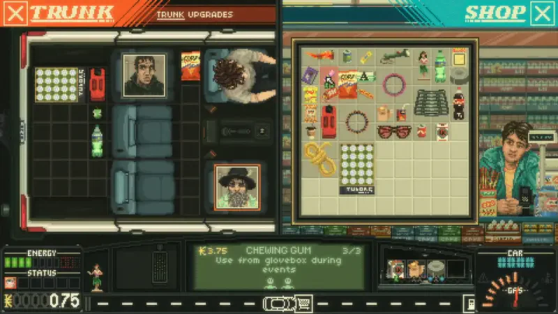 A screenshot from the video game Keep Driving, showcasing a player's trunk upgrades and shop inventory filled with various items and upgrades for gameplay.