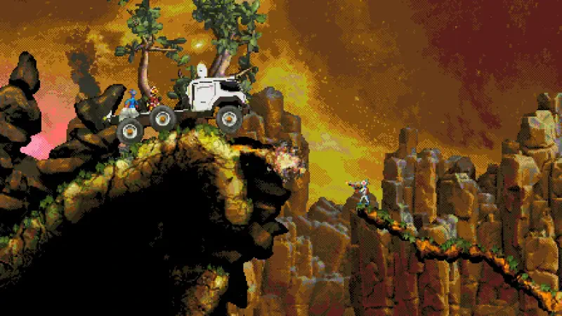 A scene from the video game Moons Of Darsalon features a futuristic vehicle navigating rocky terrain under a dramatic, colorful sky. Players encounter challenges in this alien landscape.