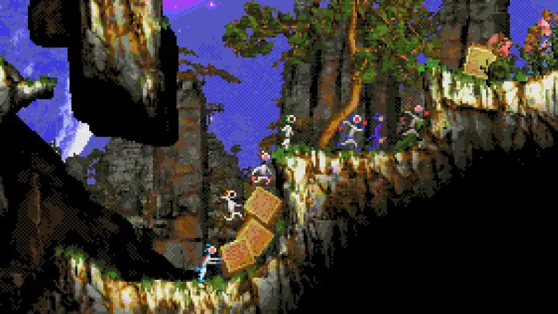 A colorful scene from the video game Moons of Darsalon, featuring characters navigating rocky terrain and interacting with large blocks under a starry sky.