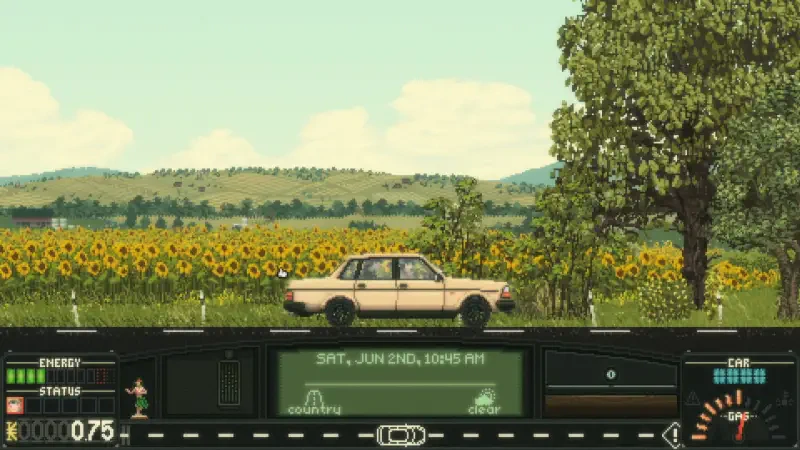 A scene from the video game Keep Driving, featuring a car on a highway surrounded by sunflowers and rolling hills under a clear blue sky. The dashboard displays driving stats and time.