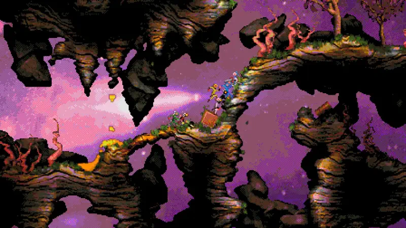 A colorful scene from the video game Moons of Darsalon, featuring characters navigating a vibrant, rocky landscape under a starry sky with alien flora.
