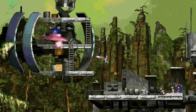 A vibrant scene from the video game Moons of Darsalon, showcasing a futuristic landscape with a character navigating a space-themed environment filled with structures and obstacles.