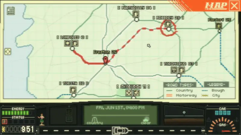 A map interface from the video game Keep Driving, displaying routes, locations, and driving stats for navigation during gameplay.