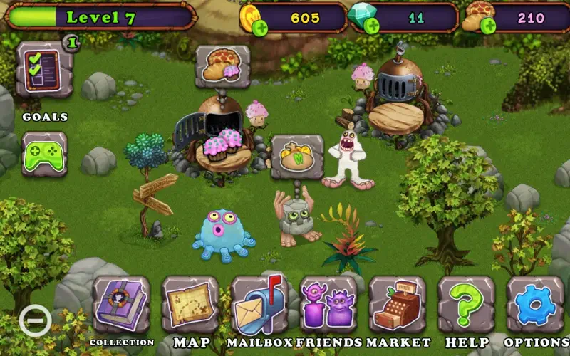 A colorful scene from the video game My Singing Monsters, showcasing various monsters, buildings, and interactive elements as the player progresses at level 7.