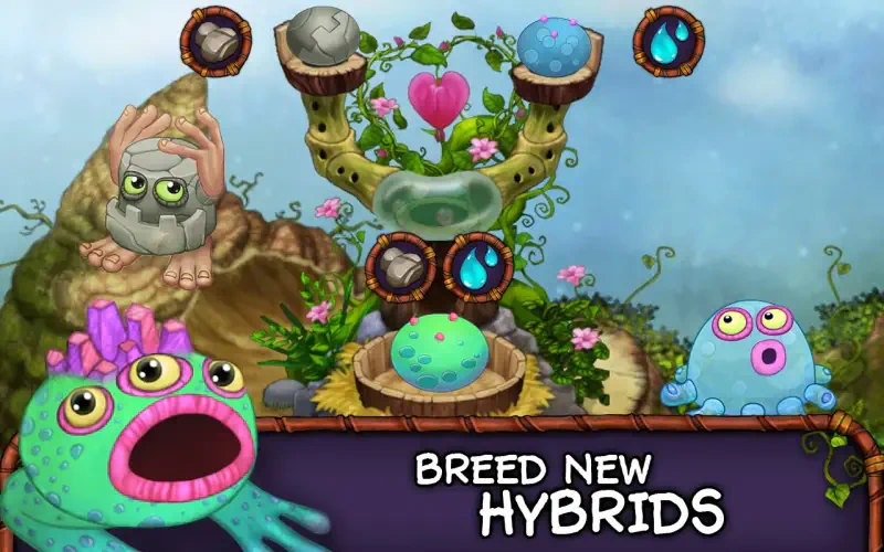 Colorful creatures and whimsical landscapes from the video game My Singing Monsters, featuring options to breed new hybrids with various elements and vibrant characters.