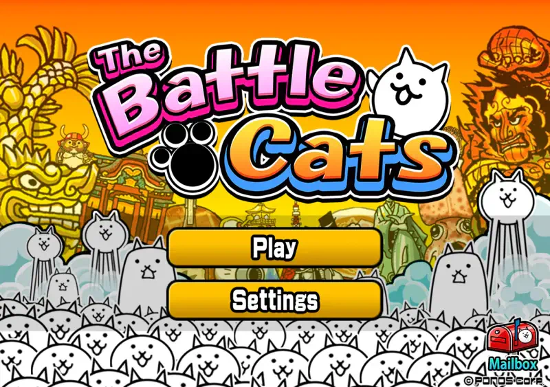The image features the title screen of the video game The Battle Cats, showcasing a colorful background with playful cat characters and buttons for Play and Settings.