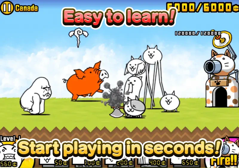 A vibrant scene from The Battle Cats video game, featuring quirky cat characters and a playful atmosphere. Text highlights the game's accessibility and quick start-up.