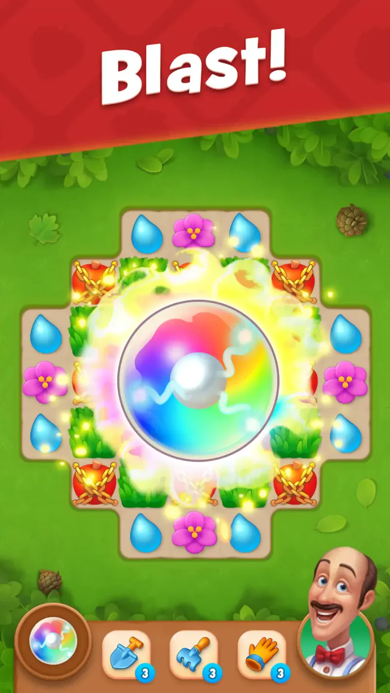 A colorful game interface from Gardenscapes, featuring a vibrant center gem surrounded by flowers and drops, with a cheerful Blast! at the top and game tools at the bottom.