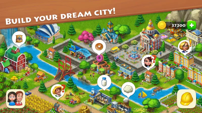 A vibrant video game town scene featuring colorful buildings, parks, and a river, inviting players to design and build their dream city. Icons hint at various activities and resources.
