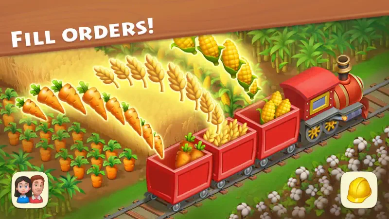 A scene from the video game Township featuring a red train filled with carrots and pineapples, set against a lush farm landscape with crops ready for harvest.