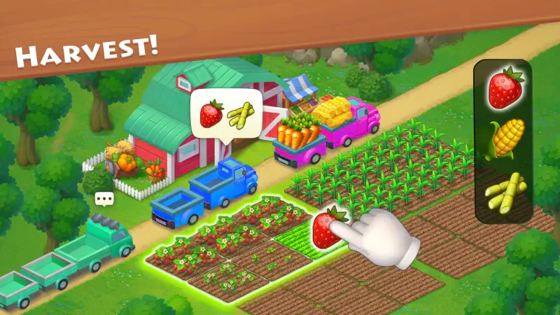 A colorful scene from the video game Township, showcasing a vibrant farm where players harvest strawberries and manage crops with delivery trucks in a lively environment.