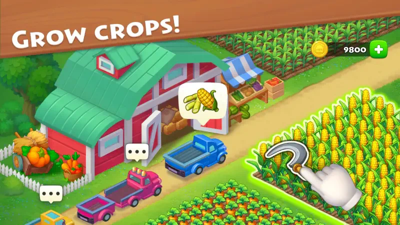 A colorful scene from the video game Township, featuring a barn, crops ready for harvest, and vehicles, with a focus on growing crops and engaging with the farming community.