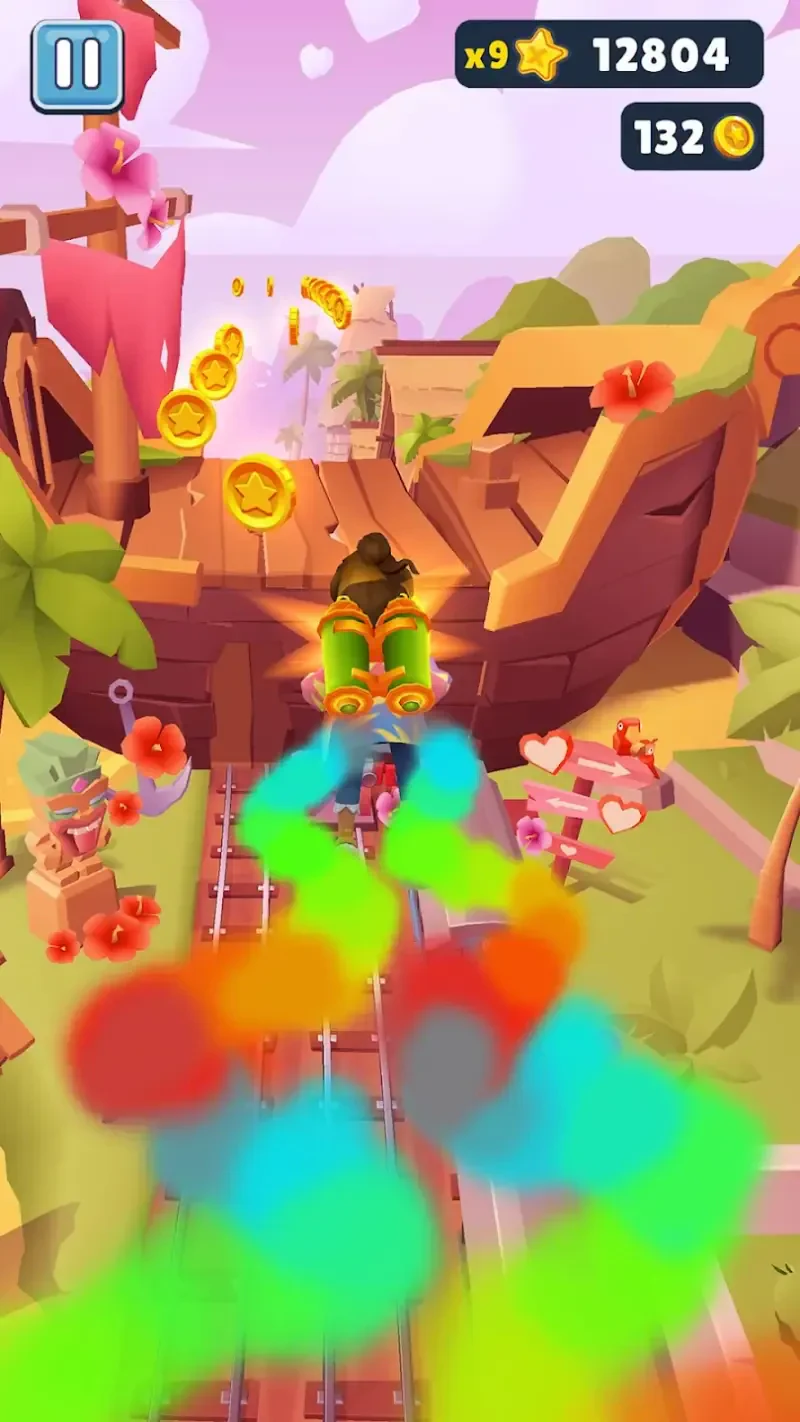 A colorful scene from the video game Subway Surfers, featuring a character on a vibrant track surrounded by platforms, coins, and playful decorations. 
