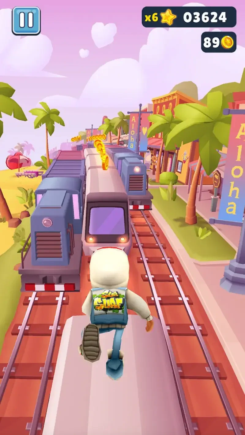 A character from Subway Surfers runs on top of a train while avoiding obstacles, surrounded by palm trees and vibrant buildings under a pink sky.