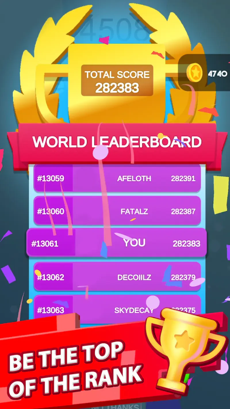 A vibrant leaderboard display from the game Helix Jump, showcasing total scores and player rankings amidst colorful confetti and a trophy graphic encouraging players to achieve the top rank.