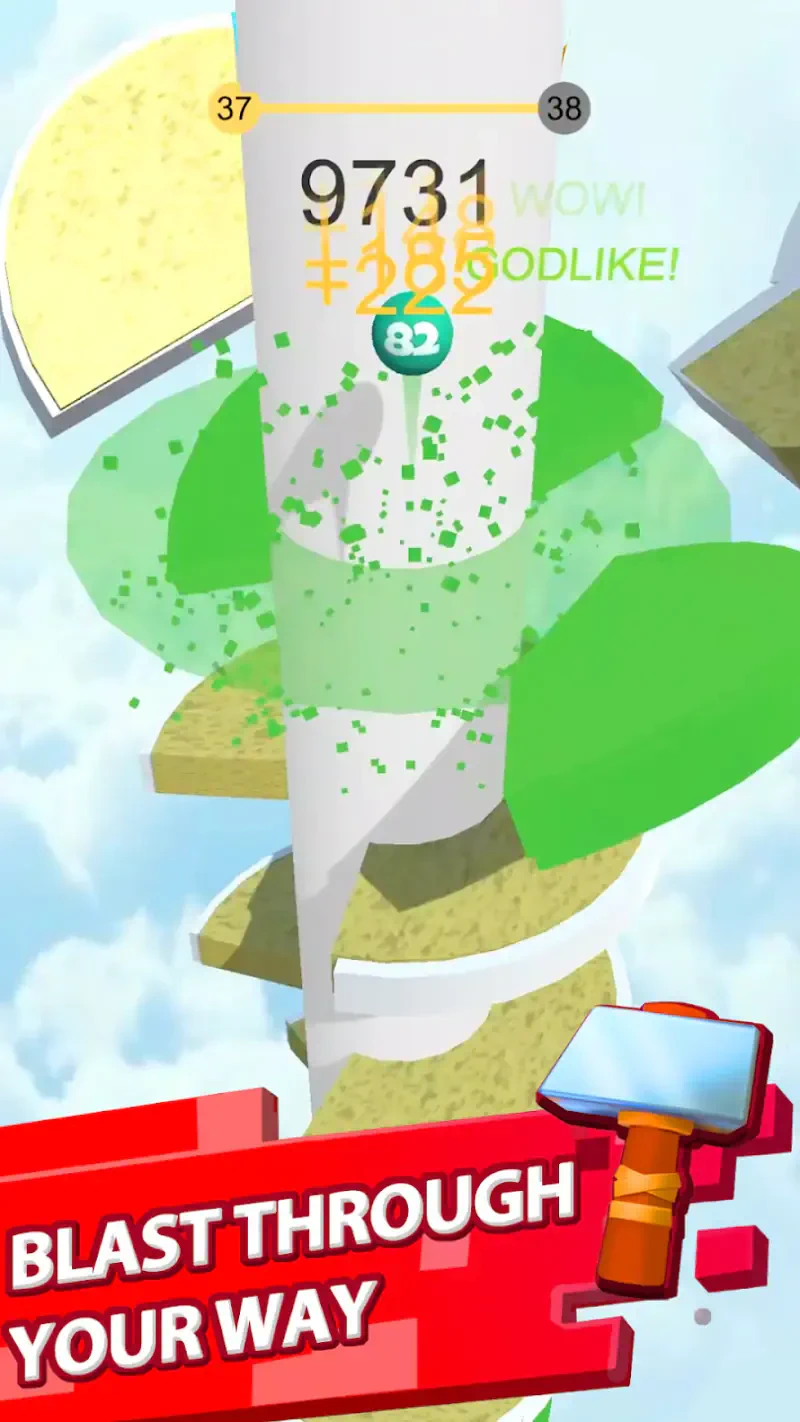 A vibrant scene from Helix Jump, featuring a spiraling tower with colorful platforms and animated particles, showcasing a player's progress and score at 9731.