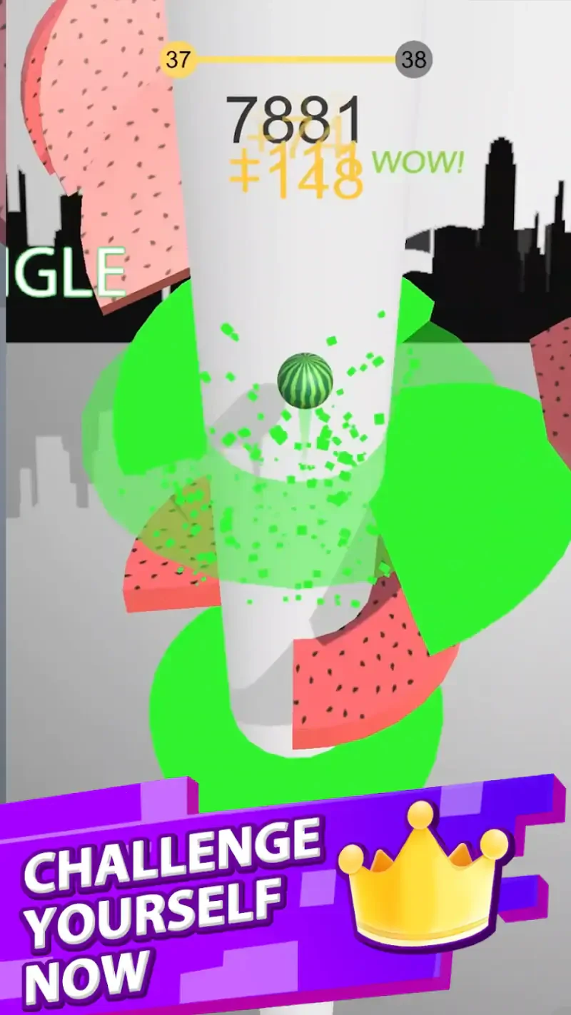 Colorful gameplay view from Helix Jump, featuring a spiraling tower with vibrant green and pink segments, alongside a score display and a Challenge Yourself Now call to action.
