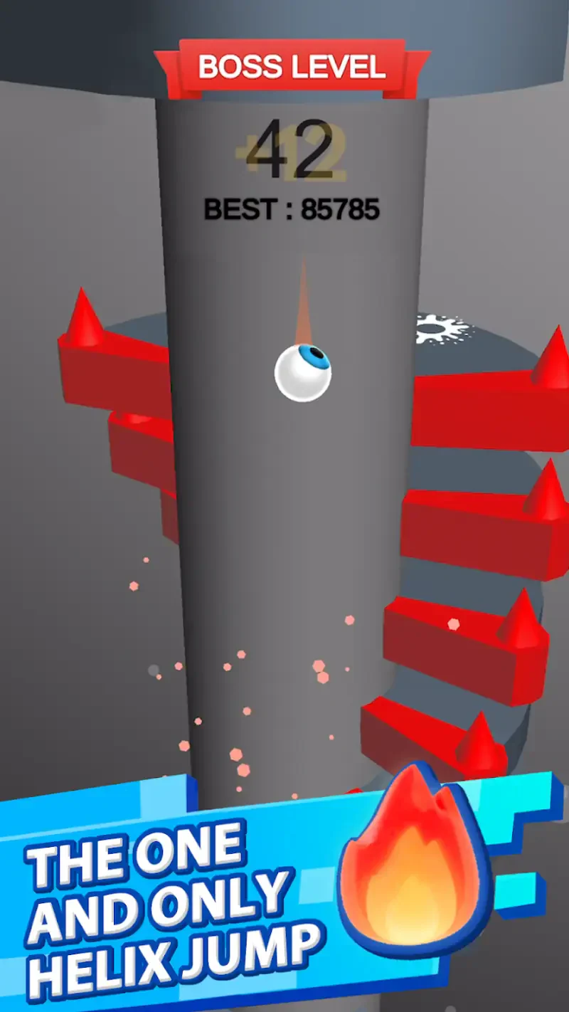 A gameplay scene from the video game Helix Jump, showcasing a boss level with an eye ball character navigating a spiral tower filled with obstacles and a score display.
