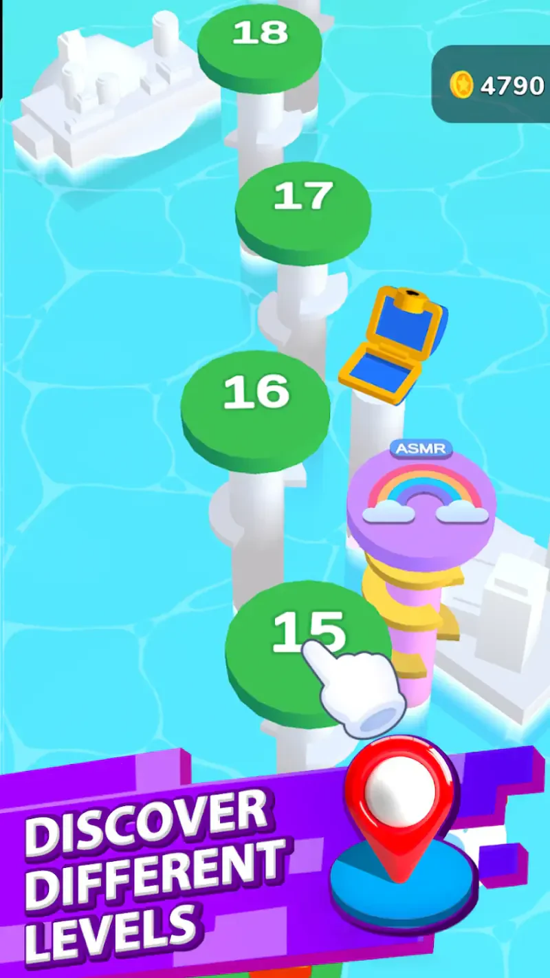 A colorful interface for the video game Helix Jump shows multiple levels numbered 15 to 18, with a hand icon indicating interaction and an ASMR feature highlighted.