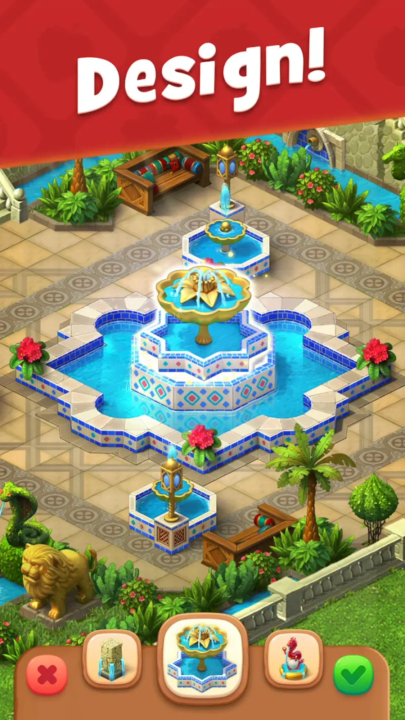 A vibrant garden scene from Gardenscapes featuring a beautifully designed fountain surrounded by colorful flowers and greenery, inviting creativity and design exploration.