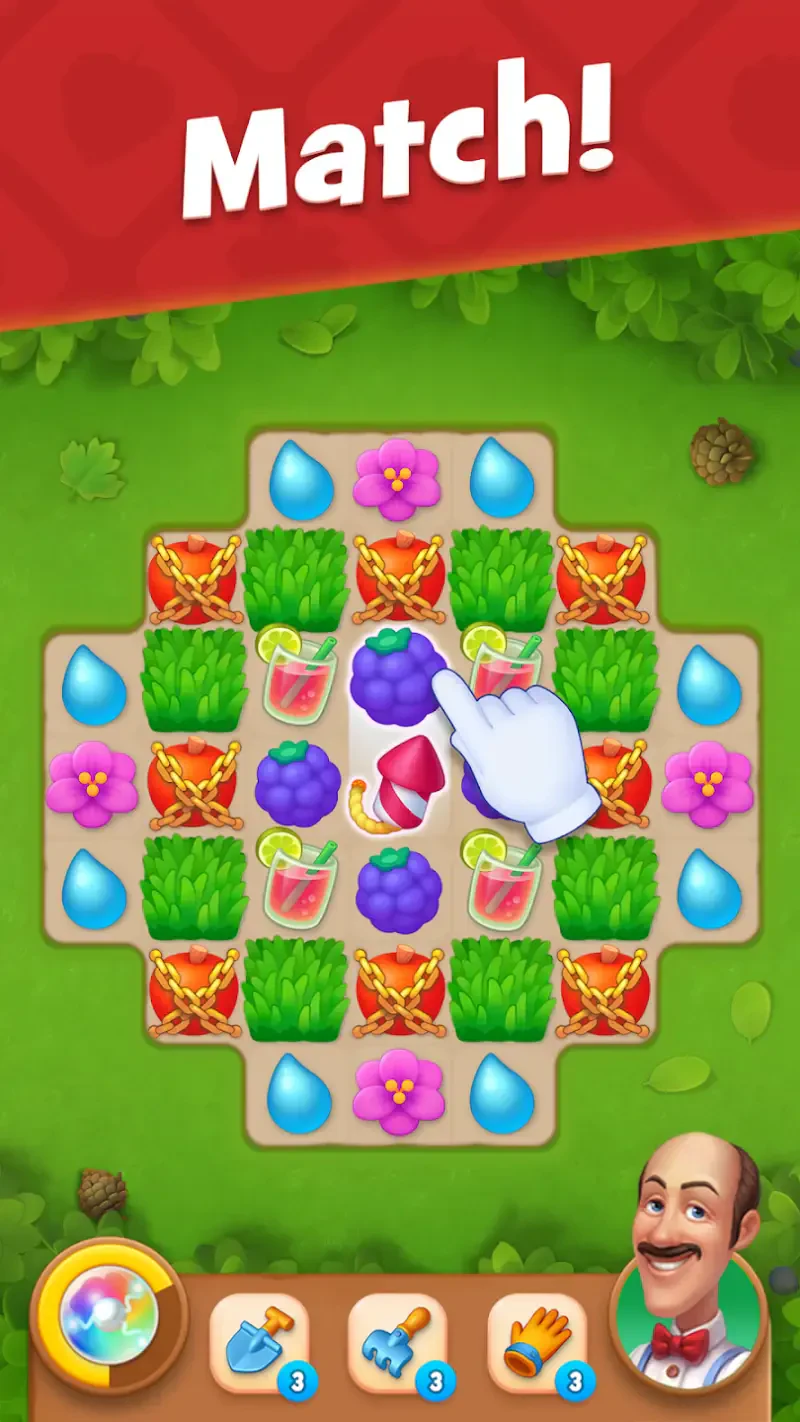 A vibrant screenshot from the video game Gardenscapes, featuring a colorful matching game with various fruits, flowers, and beverages, inviting players to strategize their moves.