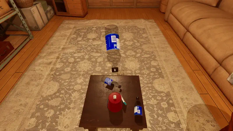 A cozy interior scene from the video game TrickShot Simulator, featuring a coffee table with various items, including bottles and cans, on a decorative rug.