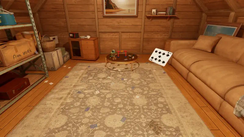 A cozy wooden room featuring a couch, a coffee table with scattered items, and a playful atmosphere reminiscent of the video game TrickShot Simulator.