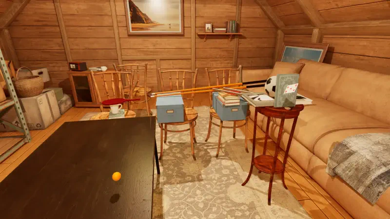 An interior scene from TrickShot Simulator, featuring a cozy wooden room with furniture, a table, chairs, and a small ball poised for a trick shot.