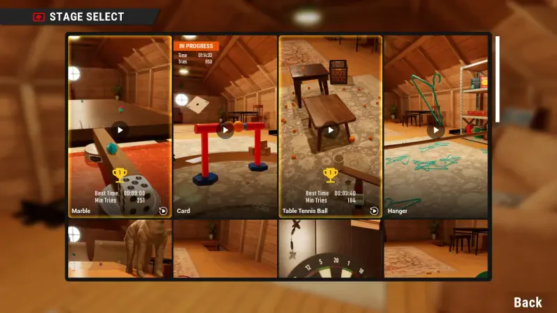 A stage select menu from the video game TrickShot Simulator, featuring various gameplay environments like a table and a setup for a trick shot.