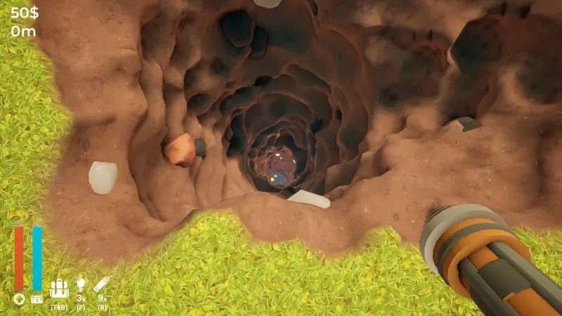A top-down view of a deep, twisting hole in the ground, surrounded by grass, illustrating gameplay from A Game About Digging A Hole. A tool is visible, ready for exploration.